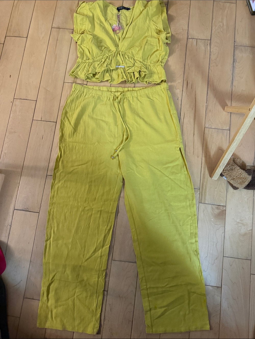 Fancylynn Casual Yellow Wide-Leg Drawstring Pants by